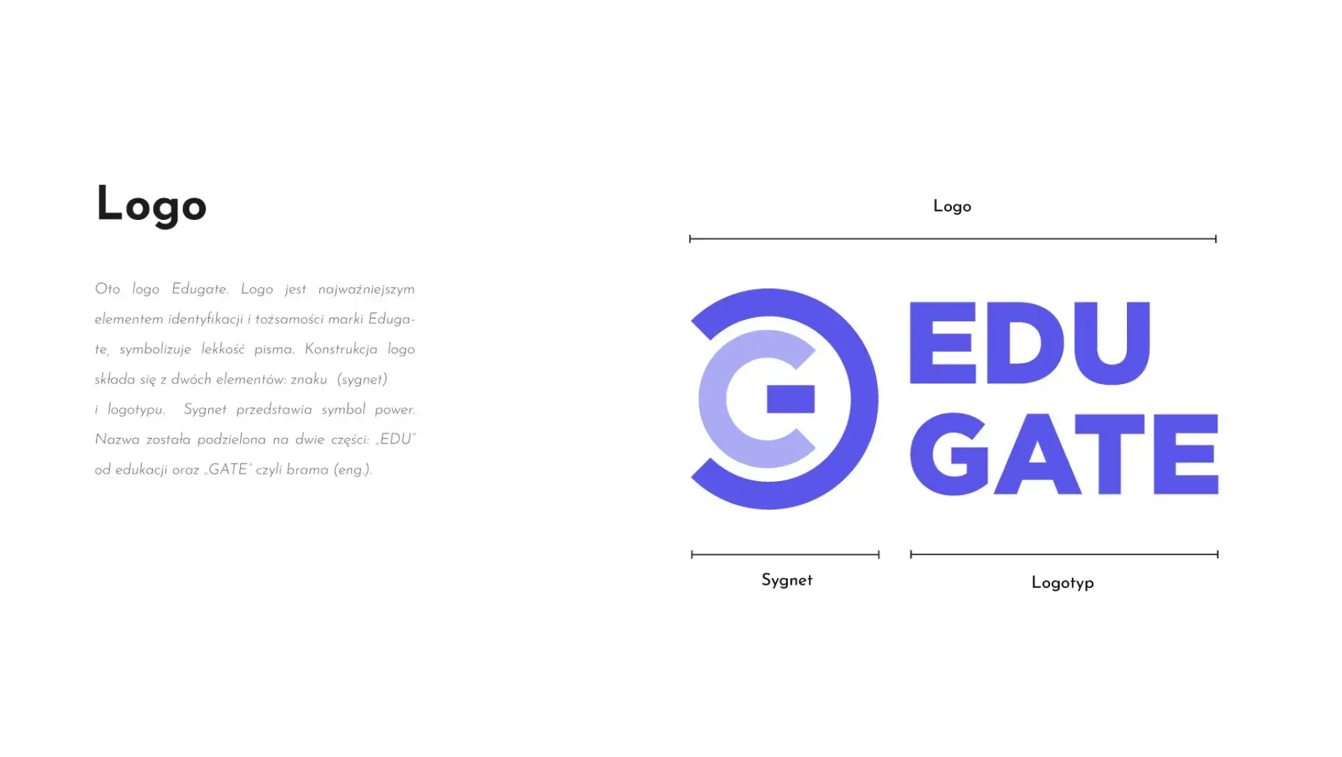 Opis logo EduGate: Oto logo EduGate. Logo jest najwazniejszym elementem identyfikacji i tożsamości marki EduGate, sympolizuje lekkość pisma. Konstrukcja logo składa się z dwóch elementów: znaku (sygnet) i logotypu. Sygnet przedstawia symbol power. Nazwa została podzielona na dwie części Edu od edukacji oraz Gate, czyli brama.